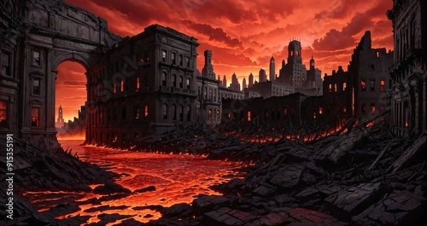 Obraz volcanic lava magma river flowing through destroyed city street and abandoned town buildings and towers. hellmouth entrance to hell in apocalyptic landscape hellscape.