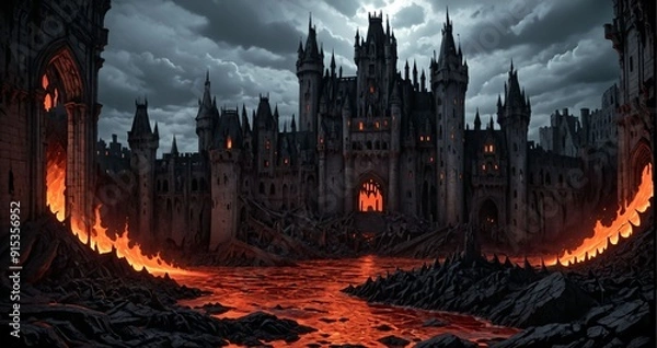 Obraz gothic hellmouth castle fortress with flowing river molten lava and magma under a grey sky. hellscape brimstone landscape background post apocalyptic ruins.