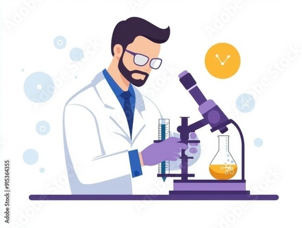 Fototapeta Chemical analysis, scientist using instruments, flat design illustration