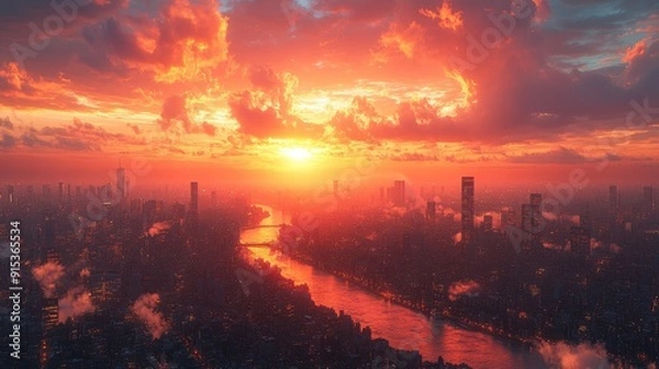 Obraz Aerial view of a bustling city skyline at sunset, capturing vibrant urban life