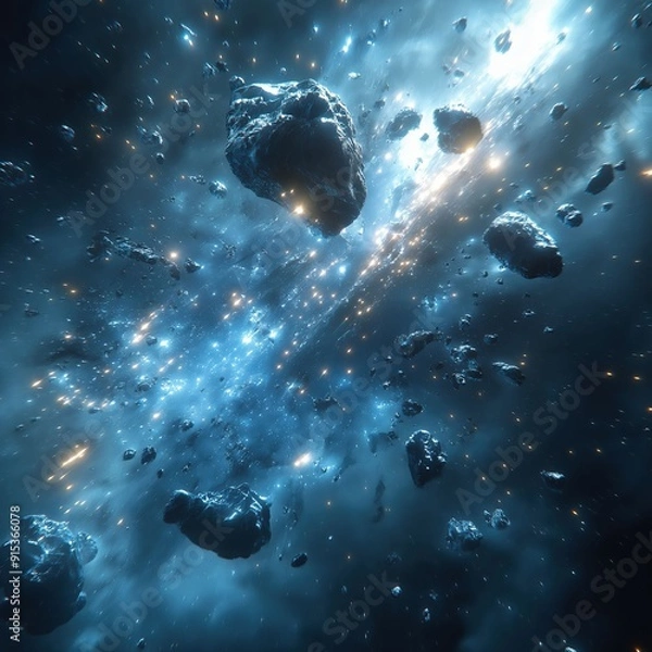 Fototapeta A bird's-eye view of an asteroid belt with glowing stars and meteorites falling, in blue tones with a cinematic, high-detail effect.