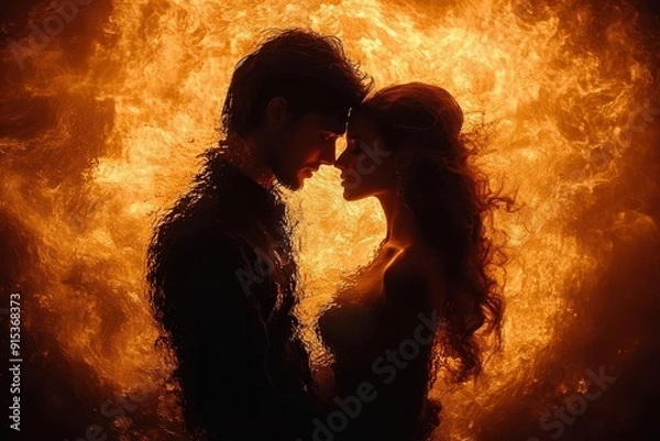 Fototapeta passionate embrace of lovers surrounded by swirling elements of fire and water contrasting warm and cool tones ethereal steam rising intimate silhouettes romantic atmospheric lighting