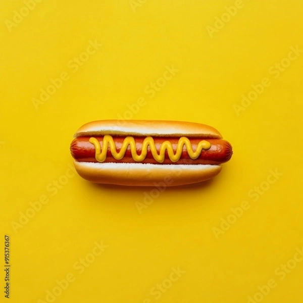 Obraz Top View of a Flavorful Hot Dog on a Yellow Background with a Bold Splash of Mustard - A Simple yet Eye-Catching Design for Food Enthusiasts,Product display, e-commerce advertising, e-commerce posters