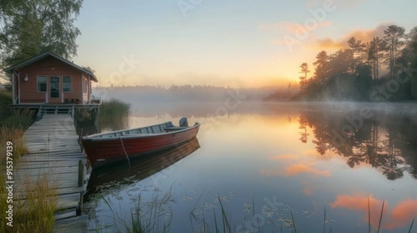 Fototapeta A wooden boat rests at a dock, misty sunrise over a calm lake with a small cabin in the background.