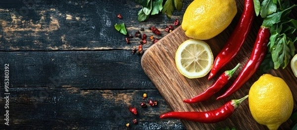 Fototapeta Top view of fresh chilies and lemons on a chopping board against a dark wooden background. with copy space image. Place for adding text or design