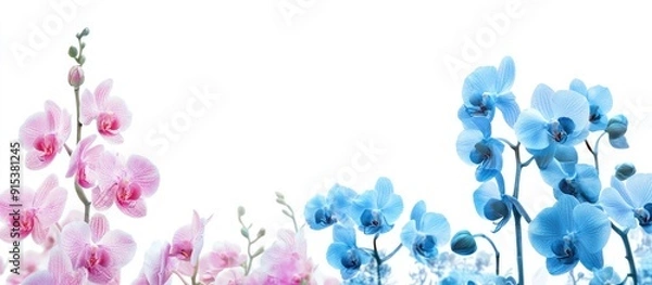 Fototapeta Pink and blue Phalaenopsis or Moth dendrobium orchids in a winter or spring tropical garden isolated on a white background Selective focus Agriculture idea concept design with copyspace for adding te