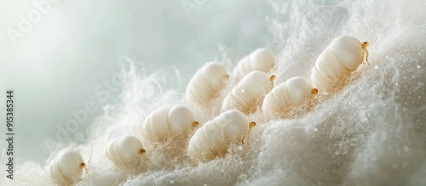 Fototapeta Silkworm Bombyx mori engaged in producing silk while forming cocoons Cocoons of silkworm for silk production. with copy space image. Place for adding text or design