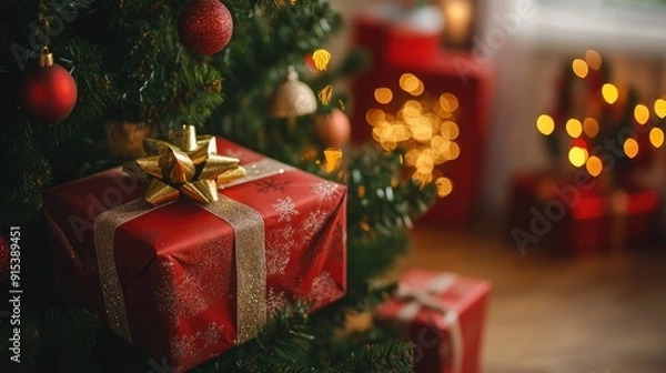 Fototapeta Wrapped presents under the Christmas tree, clear space for text