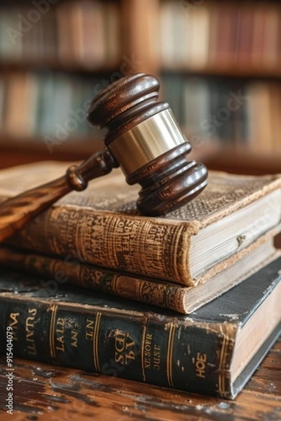Fototapeta Gavel Resting on Stack of Vintage Books