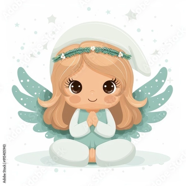 Fototapeta Cute angel with light brown hair and wings sitting peacefully on a white background