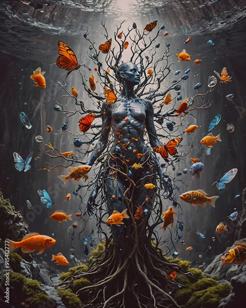 Fototapeta A painting of a woman with the roots of a tree with the roots of butterflies, 3d illustration