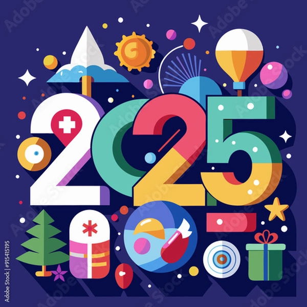 Fototapeta 2025 colorful set of Happy New Year posters. Abstract modern Christmas design for vector celebration, season decoration, backgrounds, branding, banners, covers, cards, or social media templates.