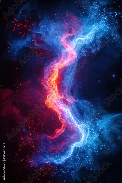 Obraz Versus background,  A dynamic splash of blue and red neon energy colliding in mid-air, surrounded by a dark backdrop. The energy forms intricate, swirling patterns, creating a