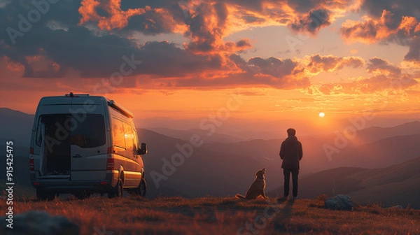Fototapeta A person and their dog enjoy a serene sunset beside a camper van on a mountain overlook.