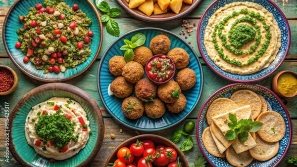 Fototapeta Overhead shot of a vibrant Mediterranean mezze spread with hummus, falafel, tabbouleh