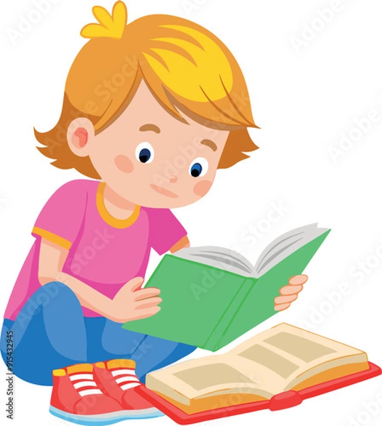 Obraz Cute little girl reading a book sitting on the floor-