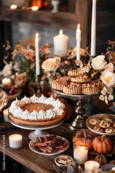 Fototapeta A Thanksgiving dessert table featuring a pumpkin cheesecake with a gingerbread crust, surrounded by other seasonal treats, candles, and autumnal decorations.