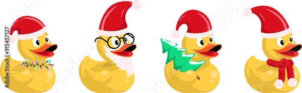 Obraz Set of yellow rubber ducks stylized for Christmas and new year. Duck with Santa Claus hat, duck with beard, duck carrying Christmas tree, duck with garland. Simple flat vector.