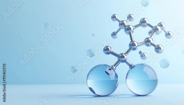 Fototapeta  Elegant molecular structure with water droplets symbolizing purity and science