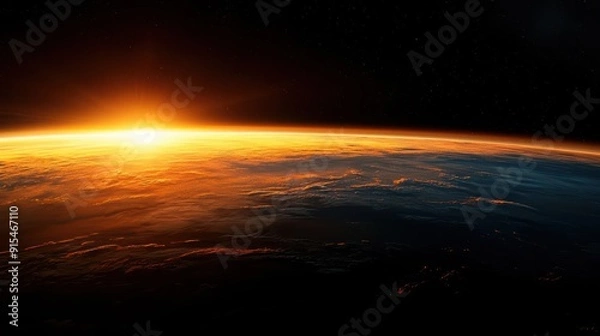Obraz Dawn light over Earths horizon, space view, isolated on black background, copy space, poster for AD, radiant glow, clear imagery, cosmic scene