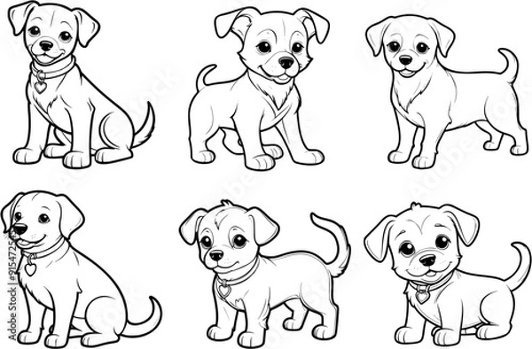 Fototapeta Drawing simple lines cute dog collection in the forest coloring book pages. cartoons for preschool children. Generative AI