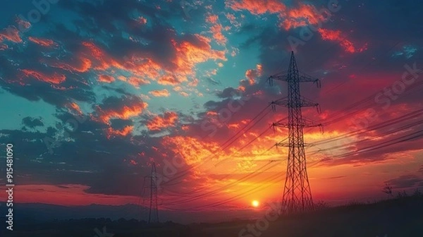 Fototapeta Dramatic sunset with colorful clouds and the silhouette of a power transmission tower. A scene of energy and natural beauty.