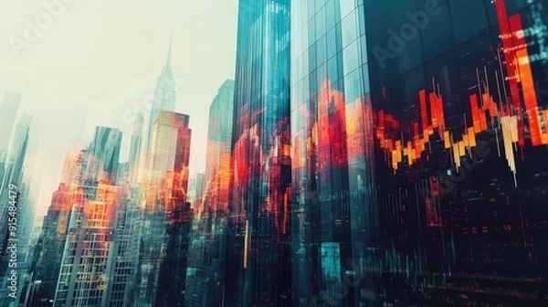 Fototapeta Overlapping financial indicators with skyscrapers, depicting the stock market's role in shaping modern urban areas.