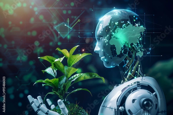 Fototapeta Robot hand with plants, Green technology and Environmental technology.