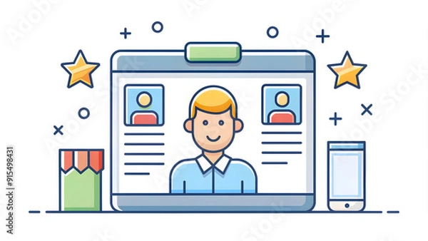 Fototapeta Modern 3D Flat Customer Application Icon with Copy Space for Business Presentations. Doodle Line Cartoon Style.