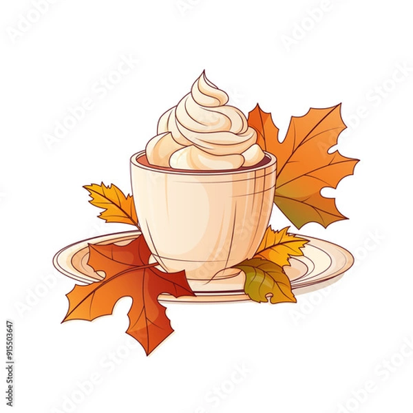 Fototapeta Vector illustration of hot coffee with whipped cream. Composition with autumn leaves. Warm fall, cozy home concept. 