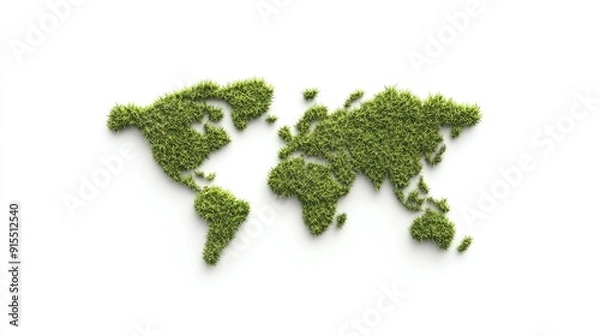 Fototapeta A world map is creatively formed using grass against a clean white backdrop, highlighting the fusion of nature and cartography in a modern aesthetic