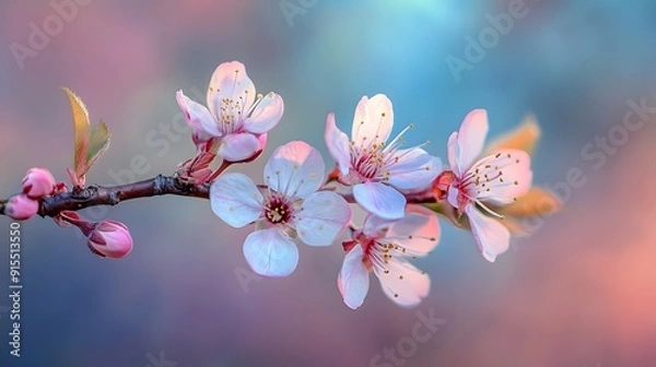 Fototapeta Cherry blossom branch, bright natural lighting, panoramic view, soft pink petals, delicate flowers, sharp focus on blossoms, blurred background, springtime atmosphere.
