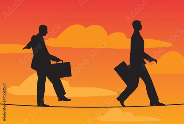 Obraz Conceptual image of two businessmen walking on a hanging rope with different postures, with sky background