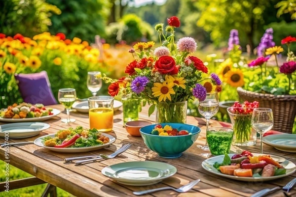Obraz A beautifully set garden table with vibrant flowers and delicious salads, surrounded by colorful plates and glasses, awaiting a big joyful family celebration.