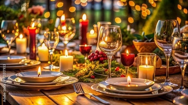 Fototapeta Vibrant dinner table setting with empty plates, wine glasses, and warm candlelight, conveying a sense of joyful gathering and lingering friendship moments.