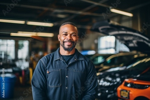 Fototapeta Smiling portrait of a middle aged car mechanic in workshop