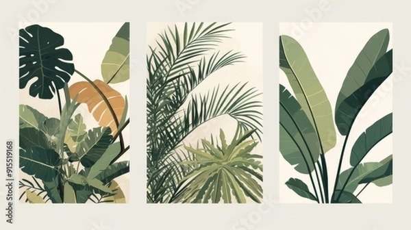 Fototapeta Set of Three White Poster Frames with Black Borders, Featuring Different Plant Leaves in Minimalist Style