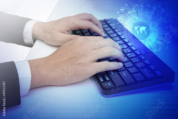 Obraz Computer keyboard and multiple social media images