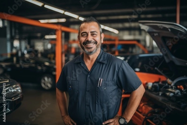 Fototapeta Smiling portrait of a middle aged car mechanic in workshop