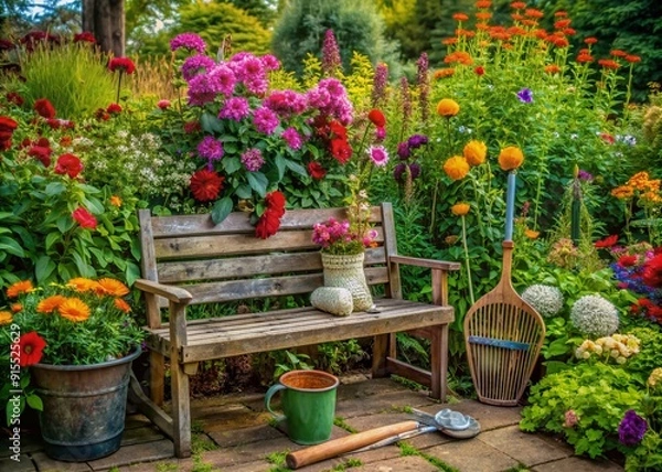 Fototapeta Vibrant flowers and lush greenery surround a well-maintained garden bench and rustic tools, evoking a sense of community and intergenerational knowledge sharing.
