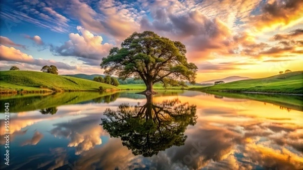 Obraz Majestic oak tree reflecting in serene lake at sunset with rolling hills and vibrant sky, majestic, oak tree