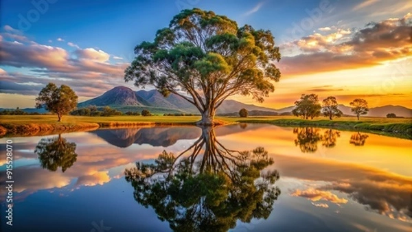 Obraz Majestic eucalyptus tree at sunset reflected in tranquil pond with scenic mountain background , eucalyptus, tree, sunset