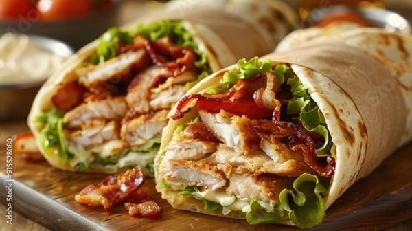 Fototapeta Crispy chicken bacon ranch wrap with lettuce and tomato