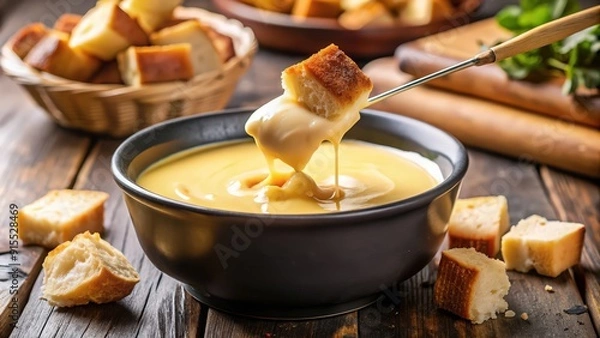 Obraz Close-up of a cheese fondue with a piece of bread being dipped, cheese, fondue, bread, dipping, melted, delicious, gourmet