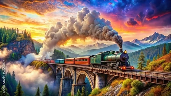 Obraz Fantasy landscape with colorful steam locomotive chugging through mountains, bridges, and vibrant sky