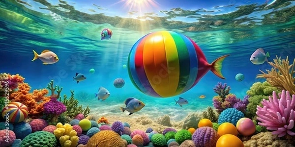 Obraz Vibrant underwater ocean scene with a colorful beach ball and tropical fish, Underwater, ocean, vibrant