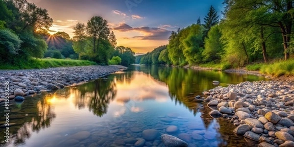 Obraz Stone-lined banks of a wooded river at dusk , river, stones, banks, woods, trees, dusk, nature, peaceful, serene, tranquil