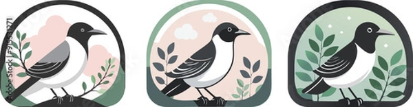 Obraz A charming set of bird illustrations with nature-inspired elements in a clean, modern style.