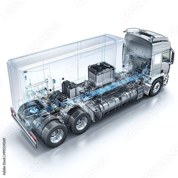 Obraz Create a detailed and labeled diagram of a hydrogen fuel cell electric truck