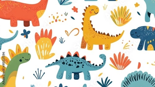 Fototapeta Cute dinosaur design pattern in colorful scheme simple lines art style for cute kids theme minimalist abstract design